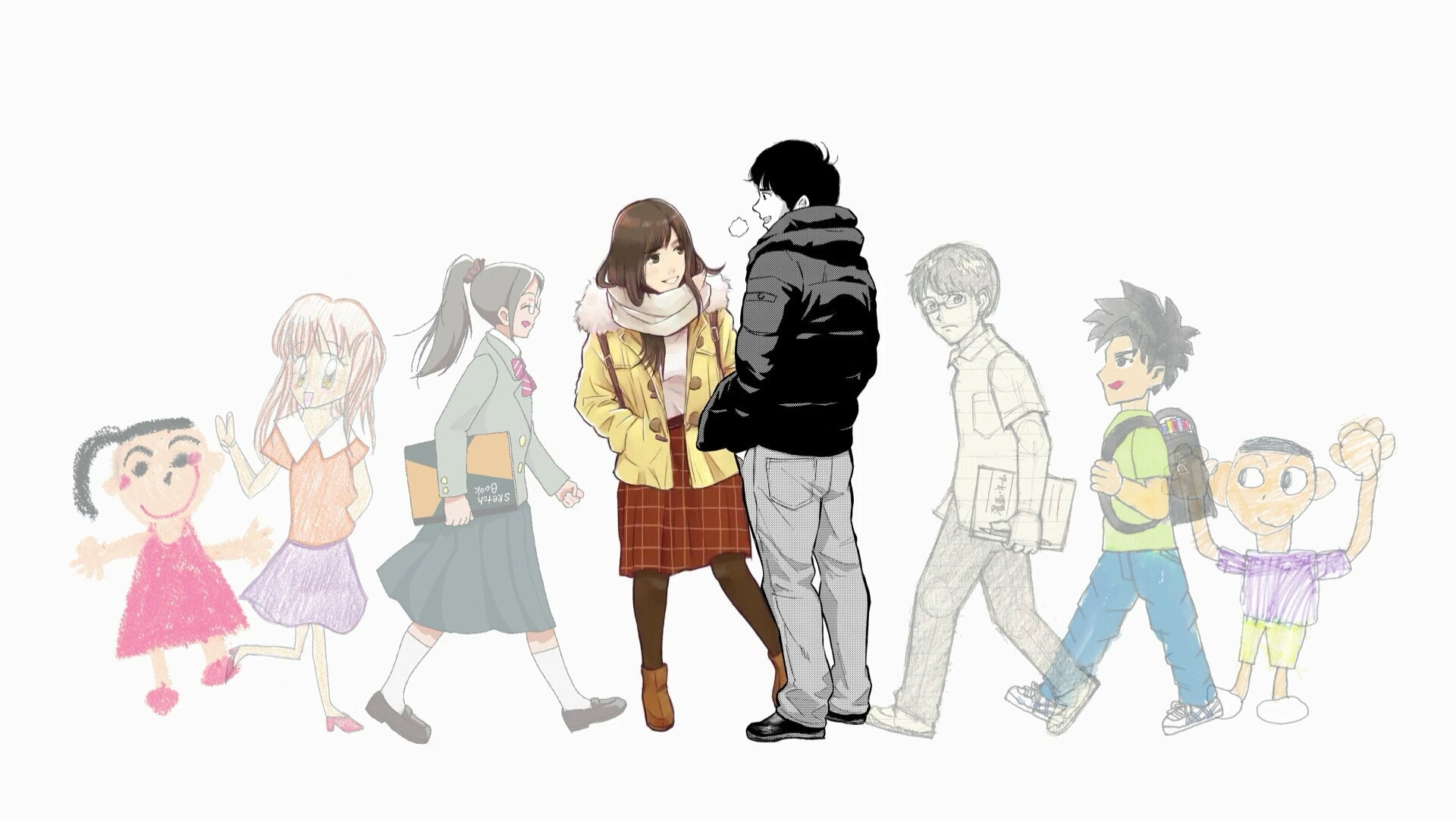 The two adult leads of Cherry and Virgin stand facing each other in the center of a white frame, flanked by versions of the cast drawn in progressively rougher styles, from crayon scribbles to pencil roughs.
