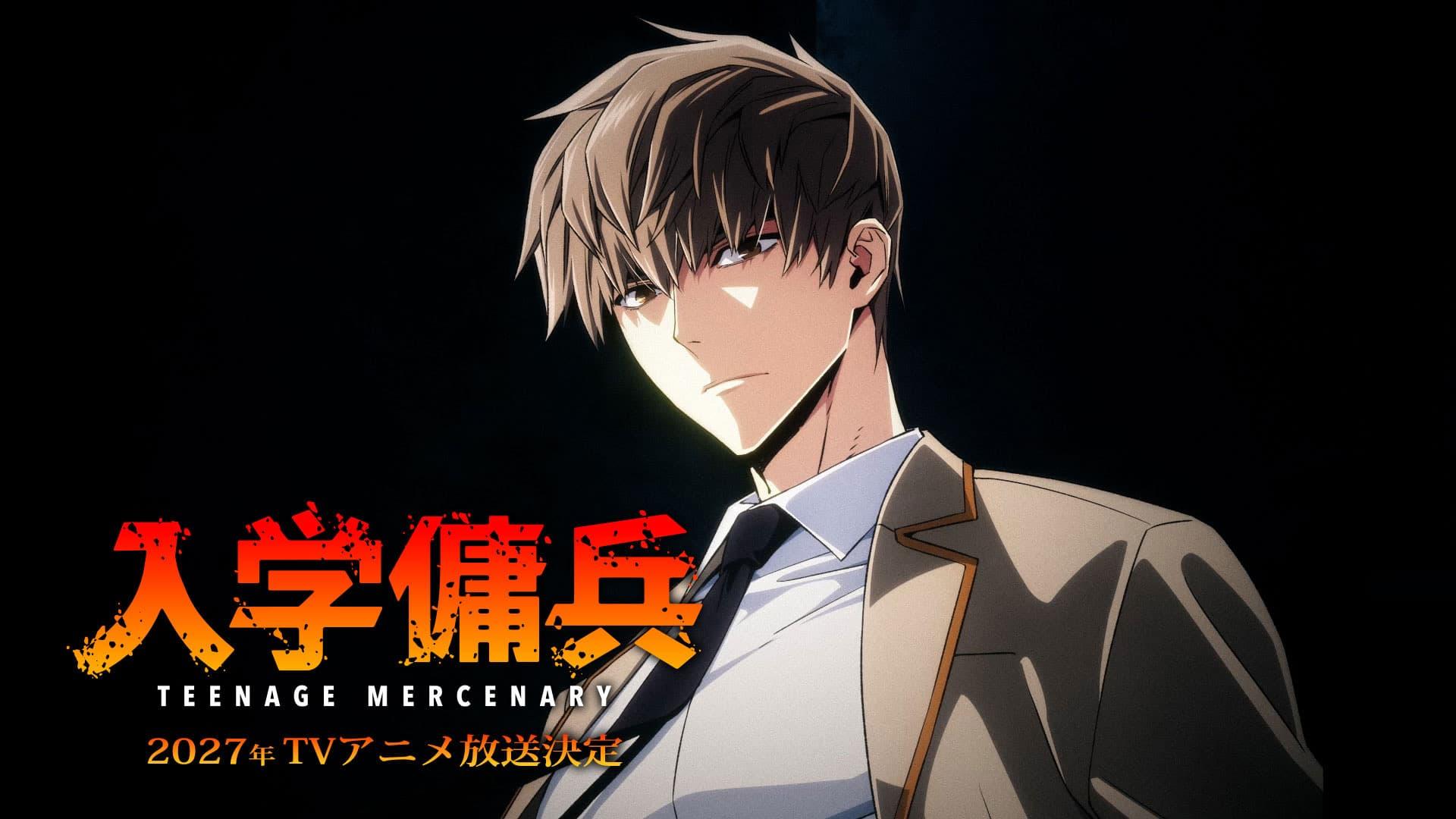 Photo: anime.com The Teenage Mercenary protagonist in a beige school blazer and loose black tie, lit from the side against a black background